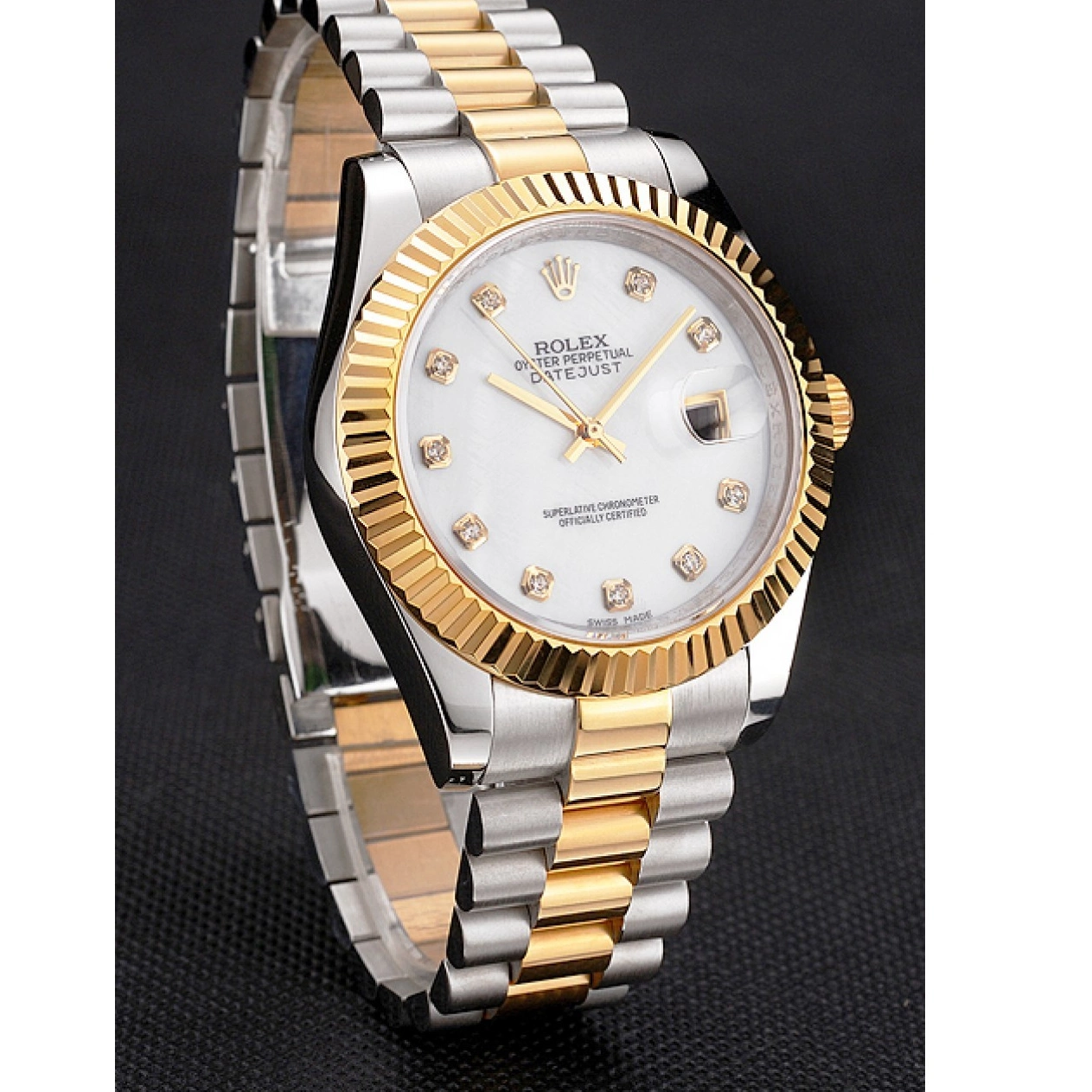 Aaa replica watch Rolex Datejust Case Marks Bracelet Diamond Hour Steel White Stainless Tone Bezel Dial Swiss Gold Two 0729